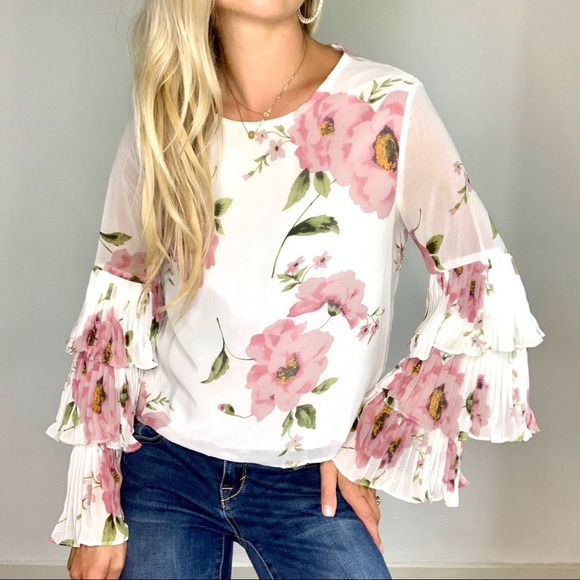 Lucy Love Tops - White & Pink Floral Tiered Accordion Sleeve Blouse